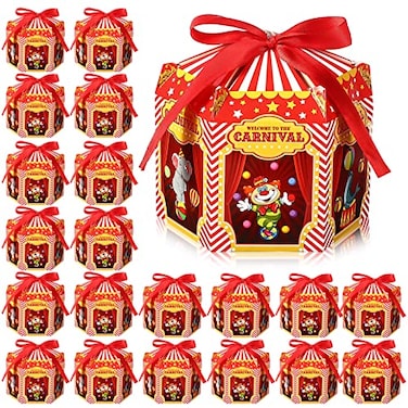 Funrous 24 Pcs Carnival Treat Boxes Circus Cupcake Paper Candy Red White Stripes Carnival Favor Boxes Goody Gift Decorations for Circus Halloween Themed Birthday Party Supplies