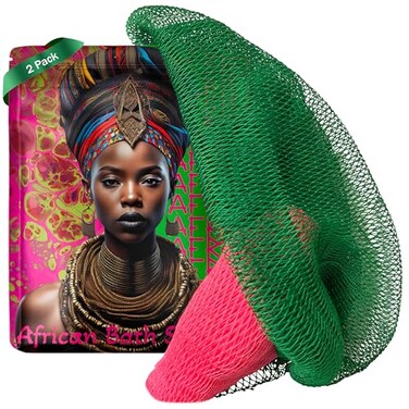 AFRIKI African Net Sponge Premium Authentic Exfoliating Body Scrubber Extra Long Stretch Bath Sponge for Shower Deep Exfoliating Washcloth for Smooth Skin 2 Pack Pink Green