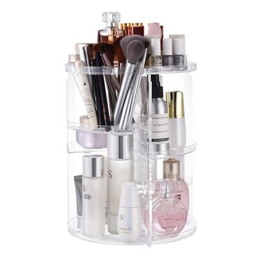 seinlife 360 Rotating Makeup OrganizerDIY Adjustable Spinning HolderFoldable Cosmetic Storage Display boxLarge Capacity Make up Caddy ShelfFits Countertop Vanity and Bathroom CLEAR