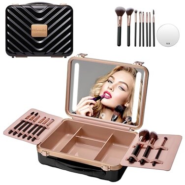 Mocado Travel Makeup Case with Lighted Mirror Makeup Box with 8 Makeup Brushes and 10x Magnifying MirrorCosmetic Case Adjustable Brightness Makeup Train Case with Makeup Brushes DividerBlack