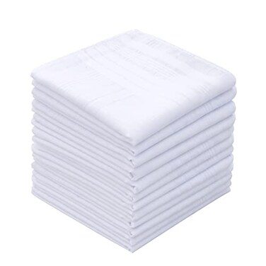 GB Selected GB Mens Handkerchiefs 100 Cotton Solid White with Stripe Large Classic Hankies Bulk Set 12 Pack