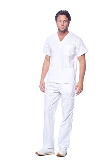 Dagacci Medical Dagacci Scrubs for Men Set VNeck Scrub Top and Cargo Pants 8 Pockets Men Scrubs Set Medium White