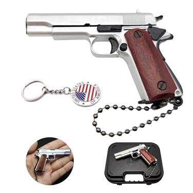 OPYLO Mini Gun Keychain Tiny Keychains Guns Shape Pendant Pistol Shape Key Chain Novelty Keychain Cool Keychains for MenWood grain Silver