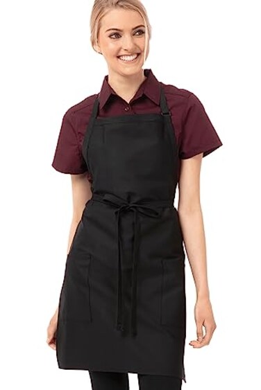 Chef Works Unisex Two Patch Pocket Bib Apron Black One Size