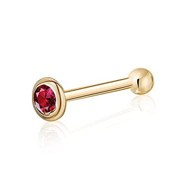 Massete 14k Gold Nose Ring with Simulated Ruby Stud Piercing Body Bezel Set Micro Yellow