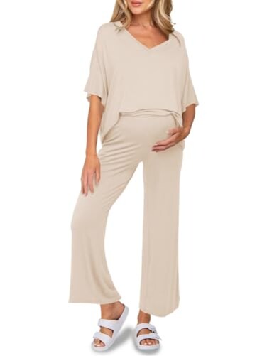 Tankaneo Womens Maternity Pajamas 2 Piece Lounge Set Soft Short Sleeve V Neck Tshirt Cropped Pants Pregnancy Loungewear Beige XLarge