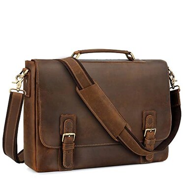 Kattee Mens Leather Satchel Briefcase 156 Laptop Messenger Shoulder Bag Tote