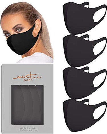 VIRTUE CODE Second Skin Cloth Face Mask Pack 4 Buttery Soft Masks Washable Fabric Black Face Mask Reusable Stretchy Comfortable Fresh Facemask