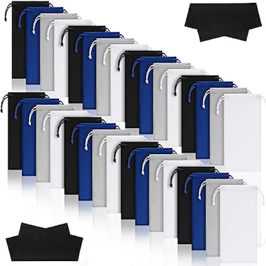 Ferraycle 100 Pcs Microfiber Pouch Case Bulk Microfiber Soft Sunglasses Pouch with 2 Eyeglass Cleaning Cloth for StorageBlack White Blue Gray