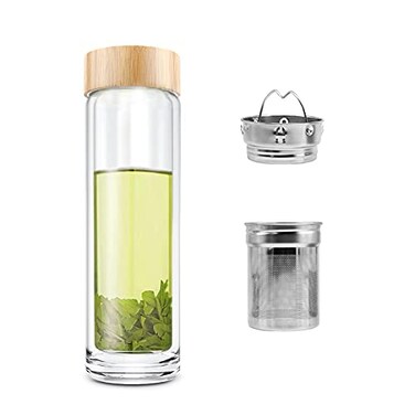 COMI Tea Bottle 14 oz Borosilicate Glass Double Wall Infuser Strainer Bamboo Lid 400ml