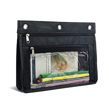 YoeeJob 1 Pack Pencil Pouch for 3 Ring Binder Expandable Binder Pouches with Zipper Large Capacity Pen Holder Case with Clear Window School Class Office Organizers Black