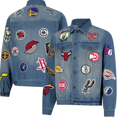 Ultra Game NBA Multi Team Mens Distressed Multi Team Patch Jean Jacket Denim Small