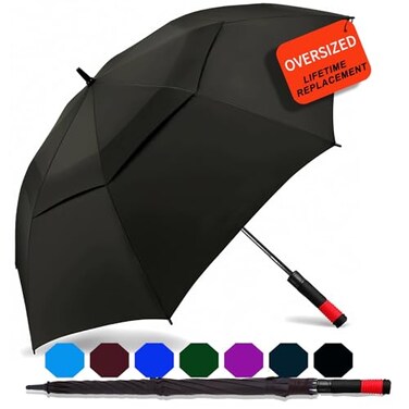 SIEPASA 626872 Inch Automatic Open Golf Umbrella Oversize Extra Large Double Canopy Vented Windproof Waterproof Stick UmbrellaBlack 62Red Handle