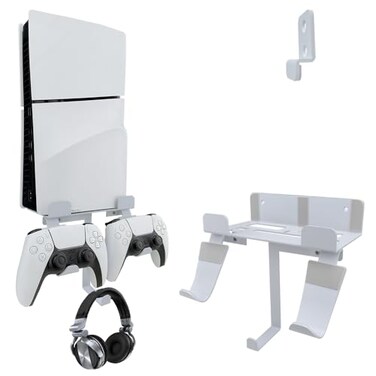 Chanvoo Wall Mount for PS5 SlimPS5 Pro Console Aluminum PS5 Slim DiscDigital Console Wall Shelf Mount with Controller Headphone Holder White Not for Regular PS5