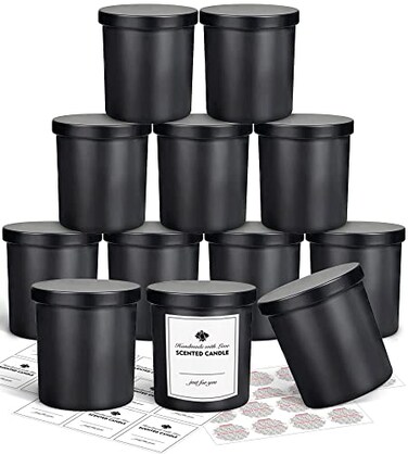 SUPMIND 12 Pack 10oz Glass Candle Jars with Lids and Sticky Labels Empty Candle Jars for Making Candles Bulk ContainersMatte Black