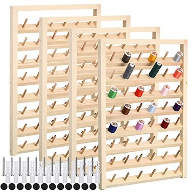 Yahenda 4 Pack 48 Spool Wooden Thread Holder Wall Mounted Thread Rack with Hanging Hooks Organizer for Mini Sewing Quilting Jewelry Embroidery