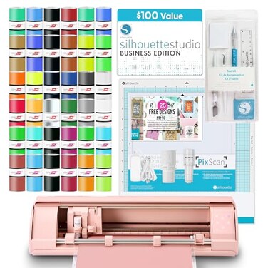 Silhouette America Cameo 5 Alpha Smart Cutting Machine Matte Pink Deluxe Bundle Includes Business Edition Software 36 Vinyl Sheets PixScan Mat Tool Kit 25 Free Designs