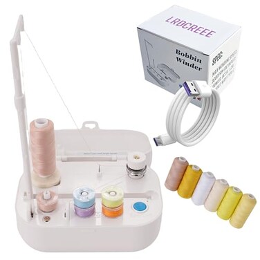 LRDCREEE Automatic Bobbin Winder with Auto Stopper Large Spool Thread Holder and Extra 6 Spools of 400 Yards Polyester Threads for Sewing Machine Thread Winding Use