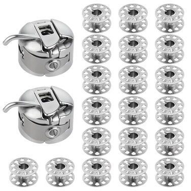 InnoHHustle 2 PCS Bobbin Case and 20 Pcs Metal Sewing Machine Bobbins Stainless Steel Bobbin Case Sewing Machines Class 15 Bobbins Replacement Compatible with Front Loading 15 Class Machine