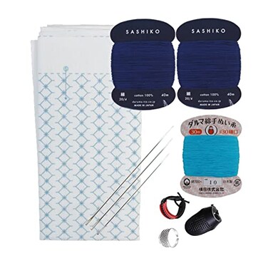 Daruma Hitomezashi Sashiko Kit Premium Japanese Made Needle and Thread Kit with Sashiko Fukin Thread Needles Thimble Ready to Use Set Joined Diamond Pattern