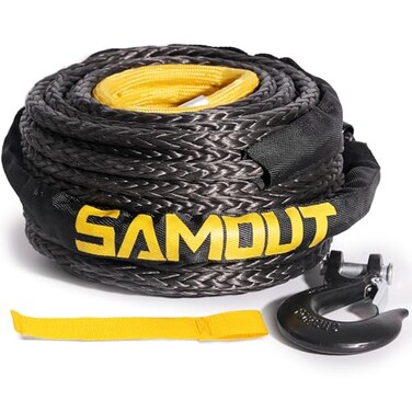 SAMOUT Synthetic Winch Rope Cable Kit 38in x 92ft 25500LBS with Protective Sleeve Forged 35000LBS Winch Hook Safety Pull StrapYellow
