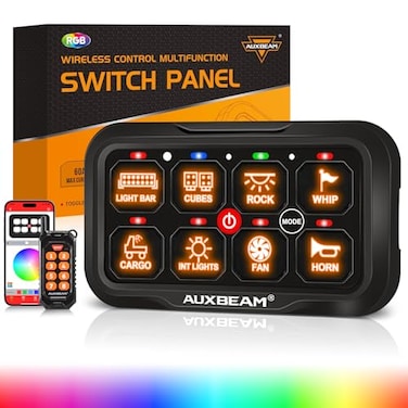 Auxbeam 8 Gang Switch Panel AC800 Bluetooth RGB Switch Pod with Remote Control Backlit Off Toggle Momentary Pulsed 165FT Wireless Auxiliary Switch Panel for Truck Offroad Waterproof