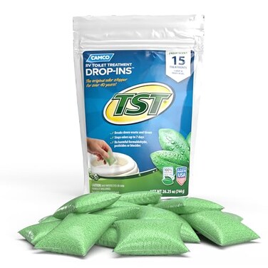 Camco TST RV Toilet Treatment DropINs Control Unwanted Odors and Break Down Waste and Tissue Septic Tank Safe Fresh Scent 15pack 40264