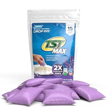 Camco TST MAX RV Toilet Treatment DropINs Control Unwanted Odors and Break Down Waste and Tissue Septic Tank Safe Lavender Scent 15pack 41559