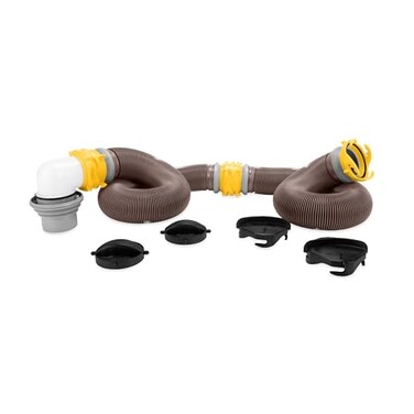 Camco Revolution 20Ft Sewer Hose Kit Features Translucent Elbow Fitting w 4in1 Adapter Connects to 3 Slip or 3354 NPT Threaded Sewer Connection 39634