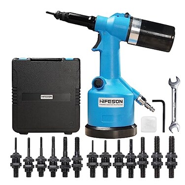 HIFESON Heavy Duty Air Hydraulic Rivet Nut Tool Pneumatic Riveter Automatic Rivet Nut Gun Tool Setting Kit Come with 13 Size Metric and SAE NosePiece Assembly