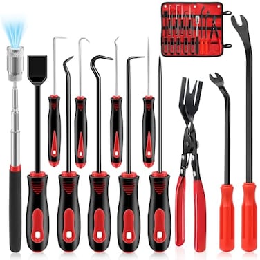 Zecirl 13 Pcs Precision Pick and Hook Tool Set with Clip Removal Plier Rivets Puller Fastener Remover Telescoping Magnetic Pickup Gasket Scraper for Electronics Maintenance Pick Tools Automotive Repai