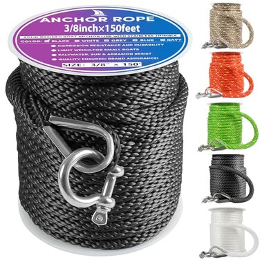 VEITHI Premium Anchor Rope 150 ft x 38 inch Solid Braid MFP Anchor Line Marine Rope with Thimble Shackle Black