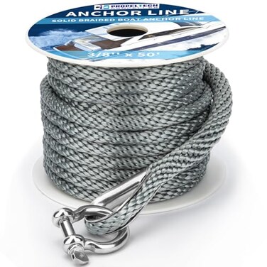 PropelTech Boat Anchor Rope 38 inch 50ft Premium Solid Braid Nylon MFP Boat Rope with Stainless Steel Thimble Shackle Quality Marine Line GreyBoat Accessories