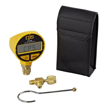 CPS VG200 Digital Vacrometer Vacuum Gauge Measures Microns Millibar TORR InchesHG Two Button Operation Automatic Temperature Compensation 5digit LCD Display Padded Case TFitting and Hook