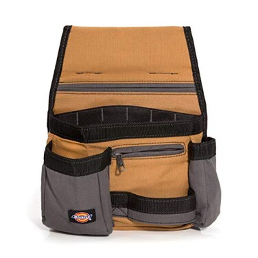 Dickies 11Pocket ToolUtility Storage Pouch for Tool Belt Durable Canvas PunctureResistant Backing Screwdriver Pockets Zippered Security Pocket Hammer Loop 2inch Tunnel Loop GreyTan