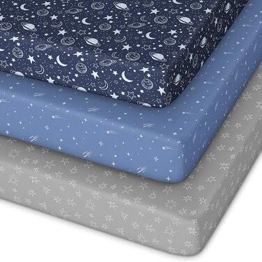 Unnivoll Pack and Play Sheets Fitted 3 Pack Mini Crib Sheets for Pack N Play Mattress Stretchy Portable Playard Sheets Soft Breathable Blue Gray Planet