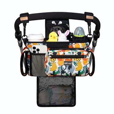 TOPDesign Universal Baby Stroller Organizer Stroller Caddy with Detachable Mesh Bag Heightened Insulated Cup Holders NonSlip Secure Hooks Accessories Fits Most Strollers Zoo