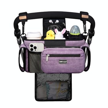 TOPDesign Universal Baby Stroller Organizer Stroller Caddy with Detachable Mesh Bag Heightened Insulated Cup Holders NonSlip Secure Hooks Accessories Fits Most Strollers Purple