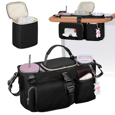 Prokva Parent Console Stroller Organizer Compatible with WONDERFOLD W2W4X Wagon Stroller Caddy with 2 Insulated Cup Holders A Removable Cooler Bag Black Empty Bag