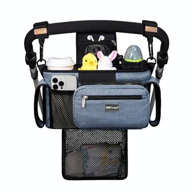 TOPDesign Universal Baby Stroller Organizer Stroller Caddy with Detachable Mesh Bag Heightened Insulated Cup Holders NonSlip Secure Hooks Accessories Fits Most Strollers Blue