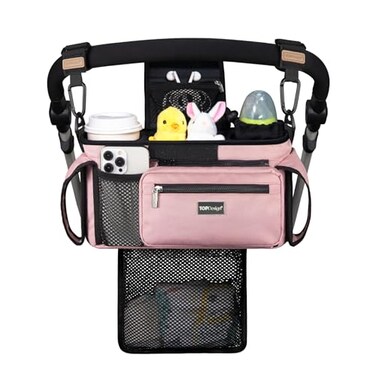 TOPDesign Universal Baby Stroller Organizer Stroller Caddy with Detachable Mesh Bag Heightened Insulated Cup Holders NonSlip Secure Hooks Accessories Fits Most Strollers Pink