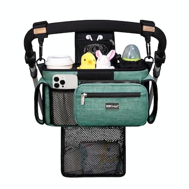 TOPDesign Universal Baby Stroller Organizer Stroller Caddy with Detachable Mesh Bag Heightened Insulated Cup Holders NonSlip Secure Hooks Accessories Fits Most Strollers Green