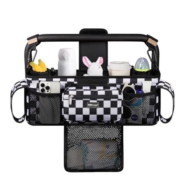 TOPDesign Universal Baby Stroller Organizer Double Stroller Caddy with Detachable Mesh Bag Heightened Insulated Cup Holders NonSlip Secure Hooks Accessories Fits Most Strollers Checkerboard