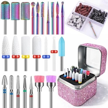 Depvko 100Pcs Nail Drill Bits Set with Storage Box 25Pcs Tungsten Carbide Ceramic Cuticle Professional Bits 75Pcs Small Sanding Bands 80120180 Grit Manicure Pedicure Tools Kit Gift for Women