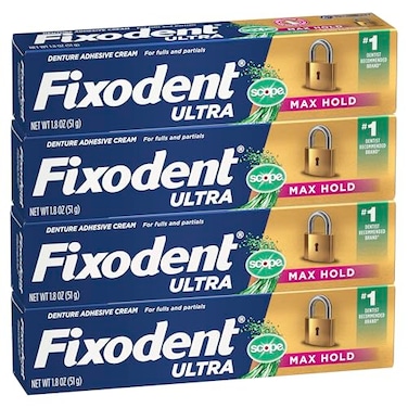 Fixodent Ultra Max Hold Plus Scope Secure Denture Adhesive for Full and Partial Denture Wearers Blue 18oz 4 Pack
