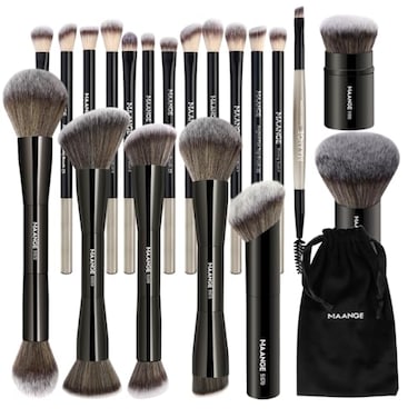MAANGE 20 PCS Foundation Makeup Brush Set Doubleended Kabuki Contour Brush for Liquid Powder Concealer Blending Blush Face Makeup Tools Black