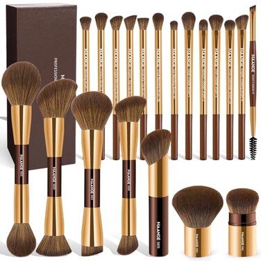 MAANGE 20 Pcs Makeup Brushes with Gift Box DoubleEnd Multifunctional Makeup Brushes for Blending Liquid Powder Concealer Cream Blush BuffeCoffee Gold