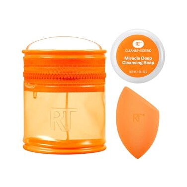 Real Techniques Miracle Blend Cleanse 3 Piece Set Makeup Sponge For Blending Foundation Solid Soap For Deep Cleaning Sponges Includes Travel Storage Tote CrueltyFree LatexFree