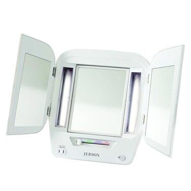JERDON TriFold Lighted Makeup Mirror with 5X Magnification Vanity Mirror with 4 Light Settings Builtin Outlet SpaceSaving Trifold Design 22 x 125 Open Model JGL10W