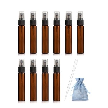 JJKMALL 10PCS Amber Brown 10ML 13OZ Protable Refillable Atomizer Spray Travel Perfume Bottle Hydrating Empty Bottle 1pc gift Storage bag 1pc 3ml Dropper
